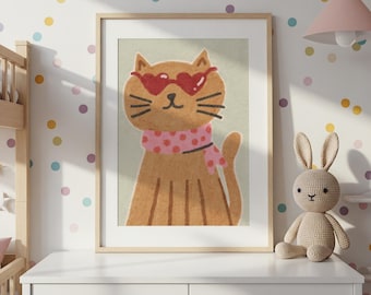 Eclectic Trendy Cat Nursery Wall Art, Cottagecore Playful Children’s Decor, Nursery Wall Art, Digital Download, Whimsical Animal Print Kids