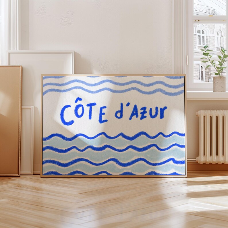 Blue Coast Wall Art Hand Drawn French Poster Colorful Wall Art Côte D'azur Print Printable