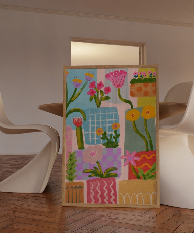 Arte abstracto colorido de la pared, arte colorido de la pared, arte floral de la pared, arte acrílico, arte imprimible, impresión de la sala de estar, impresión de arte geométrico imagen 9