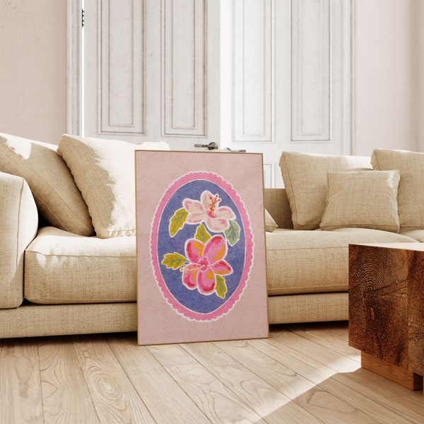Hibiscus Flower Wall Art, Art mural coloré, Art mural abstrait, Art pastel à l'huile, Art imprimable, Impression de salon, Impression d'art de fruits