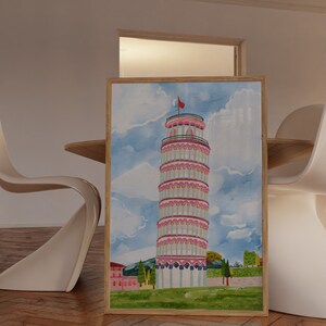 Leaning Tower of Pisa World Wonder Gouache Painting Italy Building Architecture Wall Art Bright Vibrant Print Printable Digital image 6