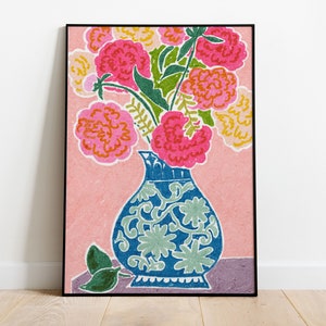 Peonies In A Vase Wall Art, Colorful Wall Art, Oil Pastel Drawing, Printable Art, Living Room Print, Flower Art Print image 8