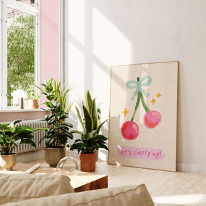 Plakat Let's Cheer Up | Motywacyjne cytaty Typografia | Kolorowa sztuka ścienna | Rysunek pastelami olejnymi wiśniowymi | Do druku cyfrowego