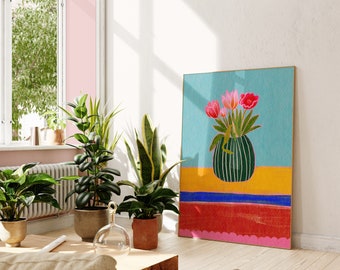 Arte de pared de tulipanes y lirios, arte de pared colorido, arte de pared botánico floral, impresión colorida, arte imprimible, impresión de sala de estar, impresión de arte floral