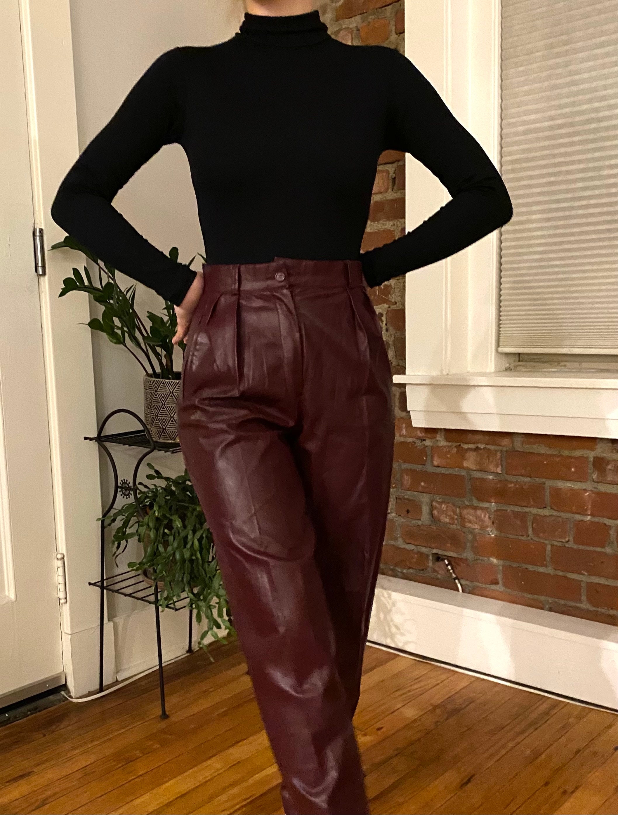 Women's Faux Leather Skinny Pants - Front Zipper and Snap / Dark Red