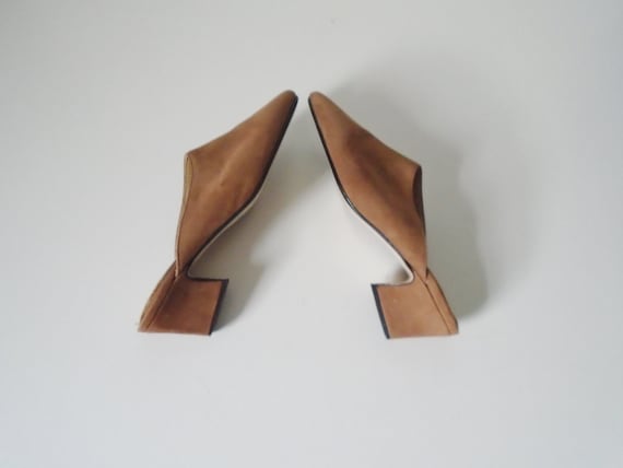 Vintage suede leather mules w heels tan brown 1990