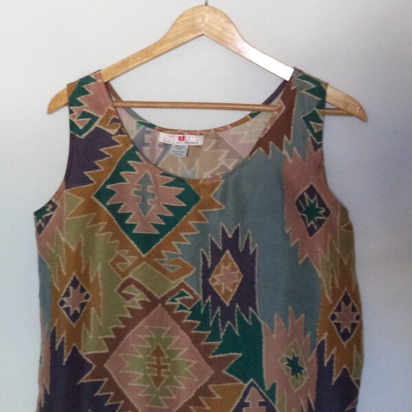 90s bohemian minimalist silk tank top// Southwest tribal oversize long sleeveless blouse// Vintage Stunt Collections// Small medium S M