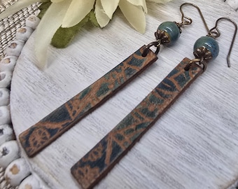 Teal Embossed Leather Stick Earrings, Hand Textured Boho Leather Dangles with Wood Beads