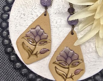 Romantic Boho Clay Earrings – Hand-Stamped Floral Design with Lavender Lava Beads