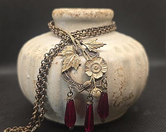 Boho Art Nouveau Necklace, Brass Flower Pendant with Red Czech Glass