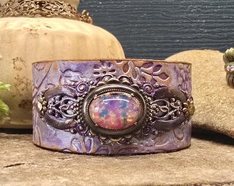 Painted Leather Lavender Cuff Bracelet, Embossed Boho Wrist Cuff with Opal Glass, Vintage Inspired Jewelry