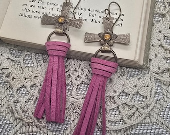 Magenta Tassel Cross Earrings – Boho Statement Dangles