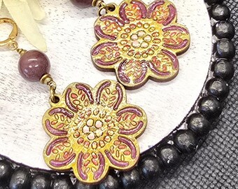 Boho Hand-Painted Festive Floral Earrings in Red and Maroon, Ceramic Bead Dangle Jewelry