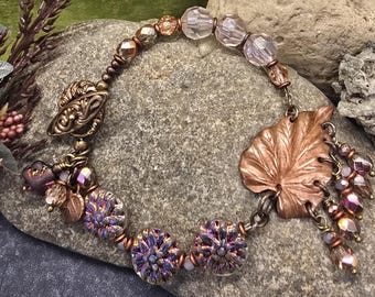 Ren Faire Leaf Bracelet, Czech Glass, Beaded Brass and Copper Jewelry