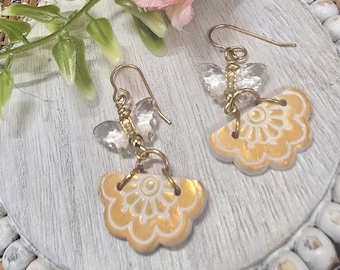 Golden Petal Butterfly Dangle Earrings with Crystal Details, Boho Floral Jewelry