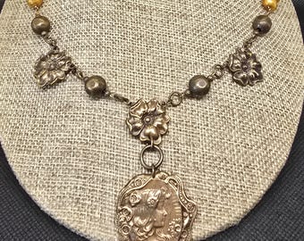 Art Nouveau Necklace, Lady Pendant, Golden Freshwater Pearl, Floral Brass Chain Jewelry
