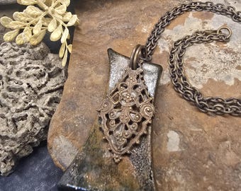 Hourglass Ceramic Pendant Necklace, Filigree Brass Overlay, Handmade Boho Chain Jewelry