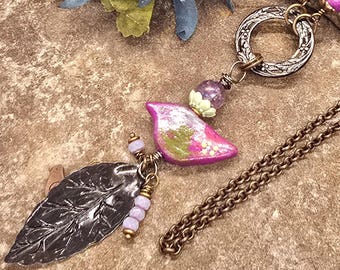 Polymer Clay Bird Necklace, Mixed Metal Pendant, Handmade Boho Jewelry in Purple, Green & Blue