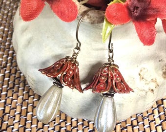 Boho Mushroom Earrings, Brass & Czech Glass Jewelry, Red and White Woodland Dangle Earrings