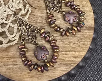 Romantic Boho Hoop Earrings – Bronze Filigree with Iridescent Glass & Floral Center