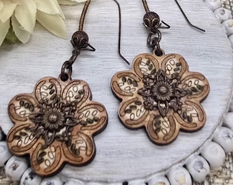 Earthy Wood Flower Earrings, Hand Painted Floral Jewelry, Boho Dangle Earring