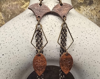 Rustic Wood and Chain Dangle Earrings, Geometric Brass Links, Boho Artisan Earrings