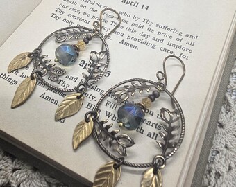 Handmade Brass Fern Earrings, Blue Crystal Leaf Dangle, Nature Inspired Jewelry