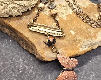 Chunky Boho Butterfly Necklace • Mixed Metal Assemblage Jewelry • Copper, Brass & Jasper Statement Pendant
