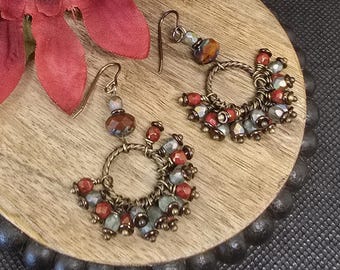 Romantic Boho Hoop Earrings – Wire-Wrapped Czech Glass with Warm Earth Tones