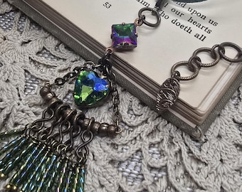 Green Crystal Tassel Necklace, Jewel Tone Glass Fringe, Vintage Inspired Boho Pendant