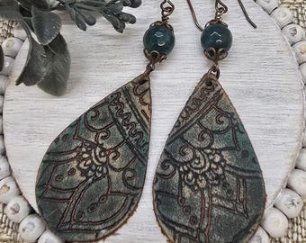 Teal Embossed Leather Teardrop Earrings, Hand Textured Boho Leather Dangles with Wood Beads