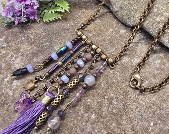 Boho Brass Curtain Pendant Necklace, Lavender Beaded Cascade Jewelry, Czech Glass & Charm Accents