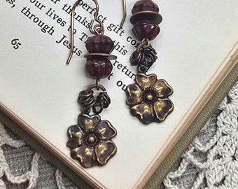 Brass Leaf Dangle Earrings with Turquoise Beads, Vintage Inspired Boho Jewelry