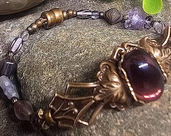 Boho Plum Glass Bracelet – Ornate Brass Centerpiece, Czech Glass Beads, Romantic Artisan Jewelry