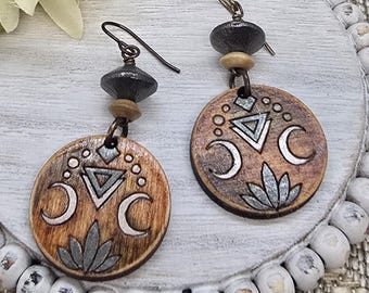 Triple Moon Wood Earrings, Hand Painted Lunar Symbols, Boho Mystic Dangle Earrings