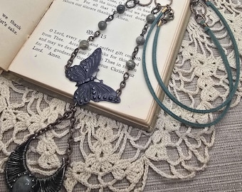 Wire Wrapped Butterfly Necklace, Jasper Beaded Chain, Sage Leather & Moonstone Cabochon Jewelry