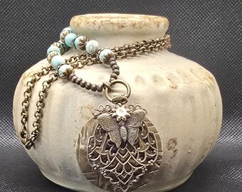Boho Turquoise Brass Necklace, Filigree Butterfly Pendant, Hammered Brass Jewelry, Daisy Bead Cap Accents