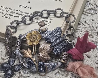 Romantic Boho Bracelet – Botanical Butterfly Mixed Metal Charm Jewelry