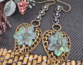 Patina Flower Heart Leaf Earrings, Boho Brass Filigree Jewelry, Teal Green Statement Dangles
