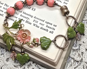Pink Floral Charm Bracelet with Green Leaf Beads, Vintage Inspired Boho Garden Jewelry