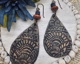 Embossed Leather Teardrop Earrings, Hand Textured Boho Leather Dangles with Wood Beads