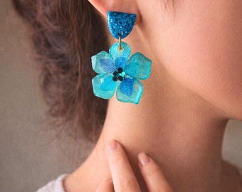 Natural Hydrangea Flower Earrings - Blue Colored Earrings - Spring - Gift for Women