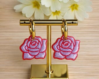 Glittery Resin Flower Hoop Earrings - Red Rose - Spring - Gift for Women