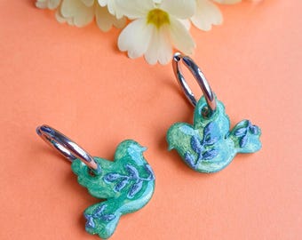 Green Hoop Earrings - Resin Bird Tassels - Spring - Gift for Women