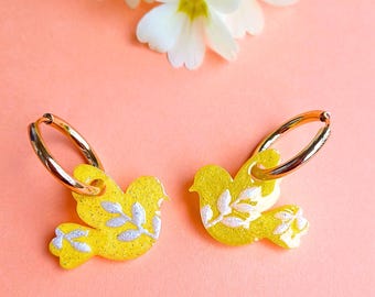 Yellow Hoop Earrings - Resin Bird Tassels - Spring - Gift for Women