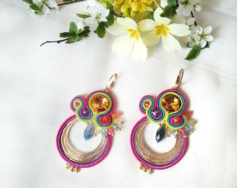Round Colorful Earrings in Gold-Plated Brass and Crystal, Gift for Women, Soutache Jewelry, Mother's Day Gift / PLUMERIA