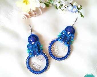 Blue Lotus Flower Earrings, Mother's Day Gift, Soutache Jewelry, Colorful Dangle Earrings in Blue Agate Stone / ISIS