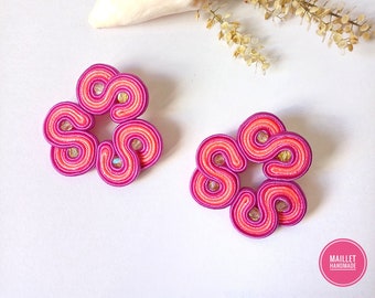 Colorful Flower Earrings, Mother's Day Gift, Pink Jewelry, Embroidered Crystal Soutache Jewelry, Floral Jewelry / FLOWER