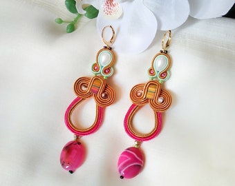 Geometric Pink Earrings, Spring, Soutache Jewelry, Minimalist Dangle Earrings, Colorful Earrings / PRIMULA