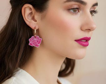 Glittery Resin Flower Hoop Earrings - Fuchsia Pink - Spring - Gift for Women, Mother's Day Gift